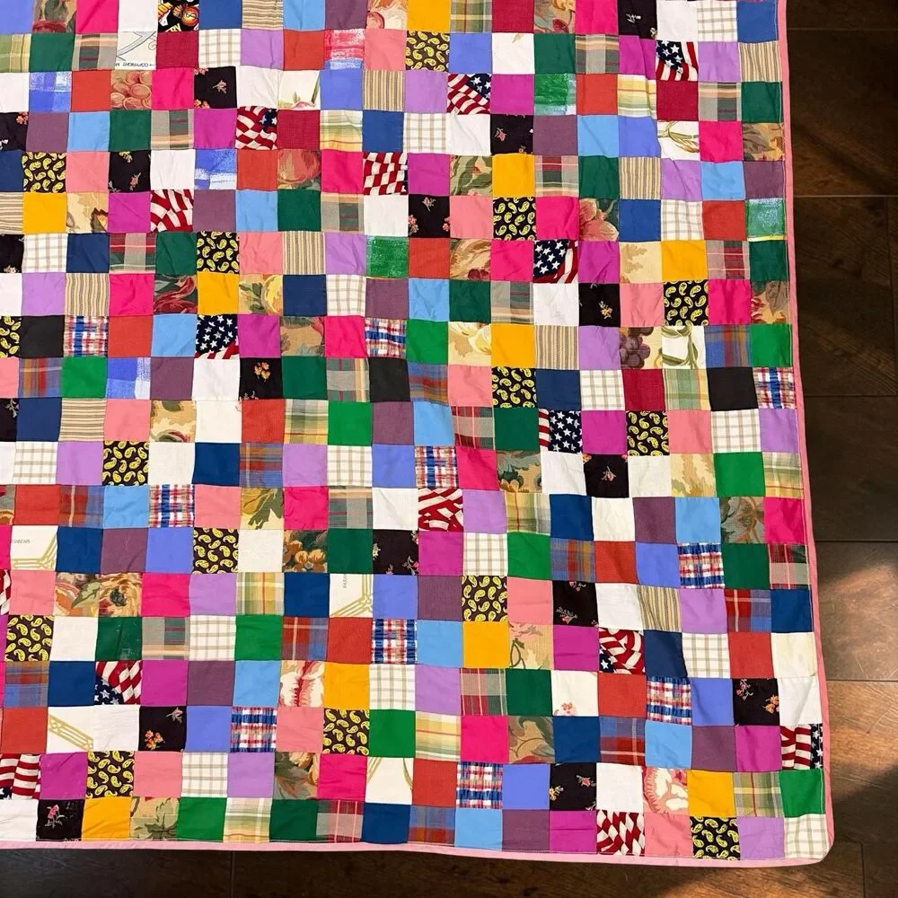 VTG Full / Queen Postage Stamp Quilt Colorful Boho Cottagecore Patchwork Blanket